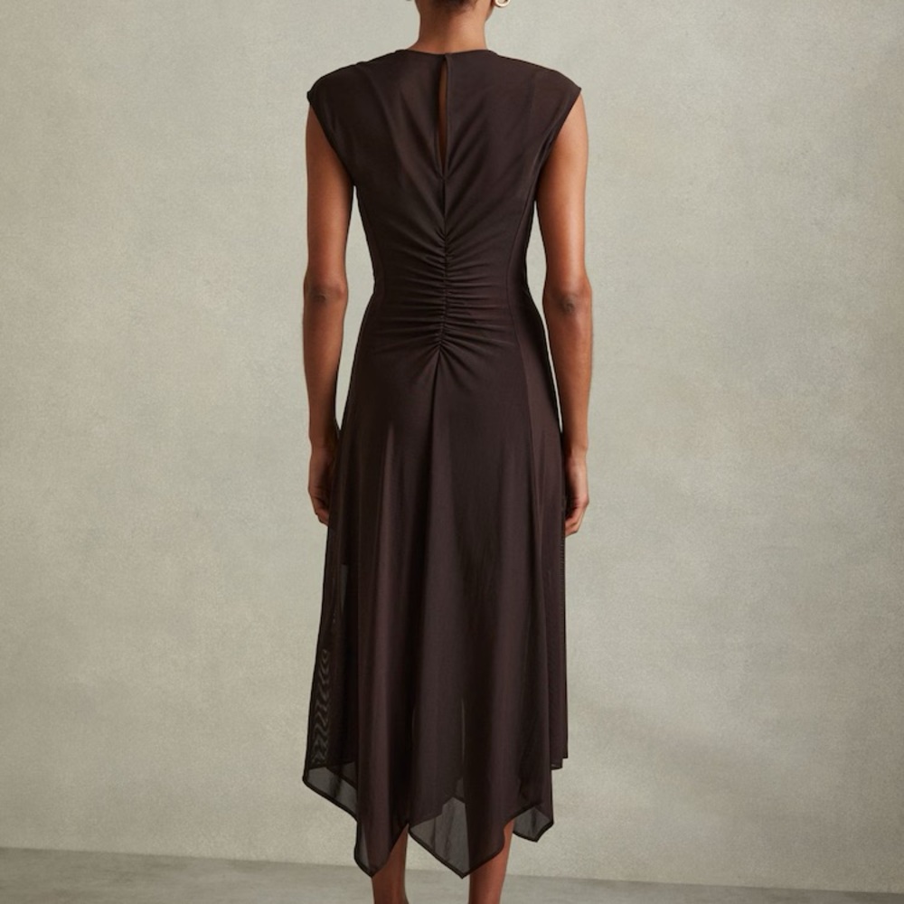 LYRA MESH RUCHED MIDI DRESS IN CHOCOLATE - Picture 3 of 9